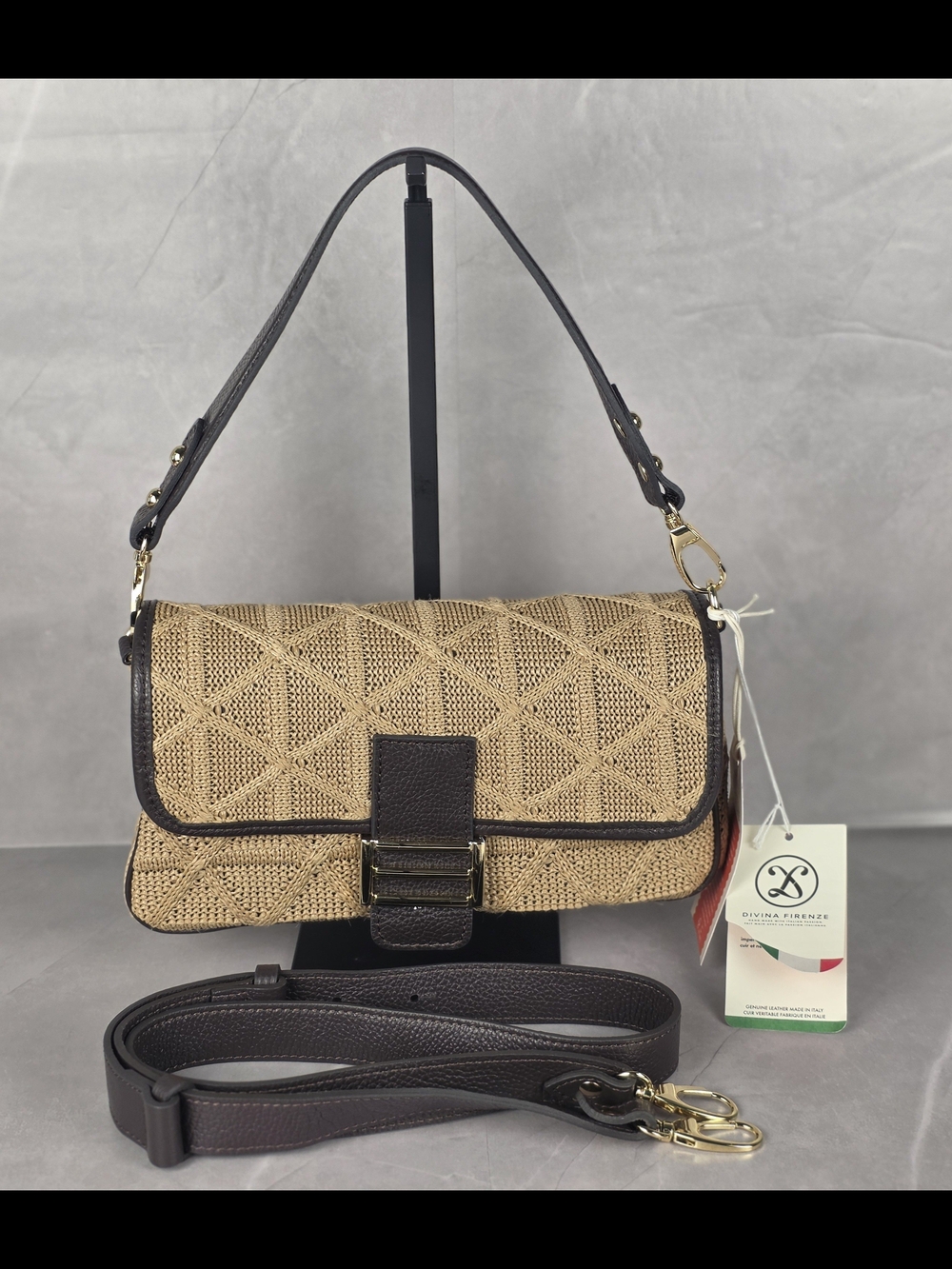 Divina Firenze Brown Straw Crossbody Shoulder Bag